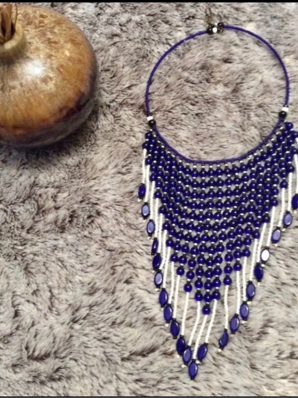 Handmade Blue & White Woven Beaded Collar Bib Statement Necklace
